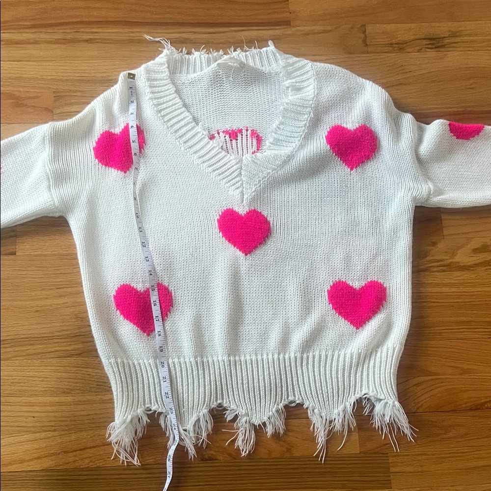White Sweater with Pink Heart Motif - Women's Distressed V-Neck - Picture 3 of 4